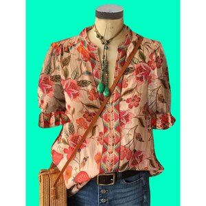 Whimsical Floral Print Blouse with Red Geometric Trim & 3/4 Sleeves XL